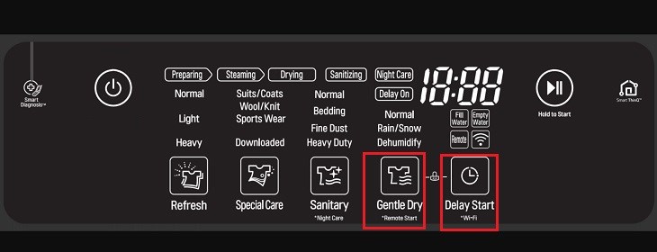 Nhấn 2 phím Gentle Dry và Delay Start cùng một lúc để khóa bảng điều khiển